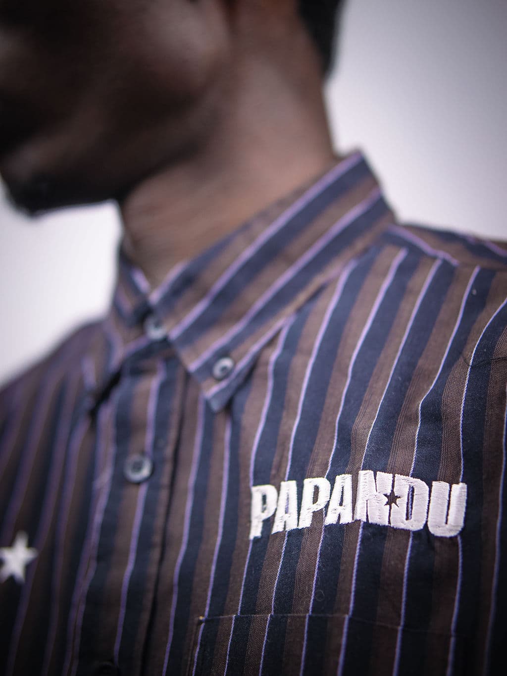 PAPANDU "For The Stars" Signature Stripe Shirt — Brown & Navy Pinstripe