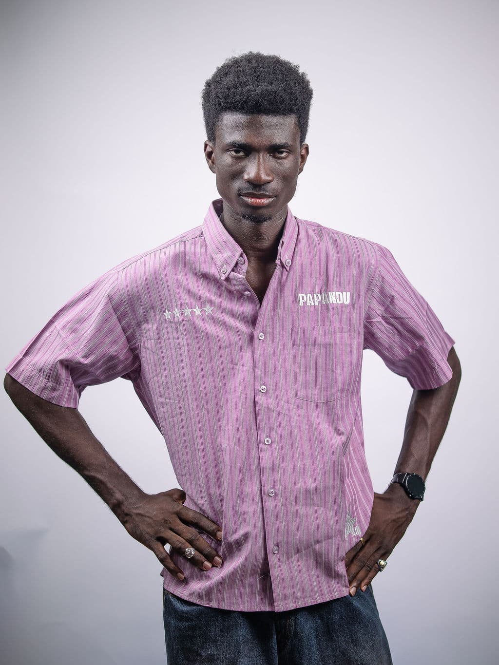 PAPANDU "For The Stars" Signature Stripe Shirt — Mauve Pinstripe